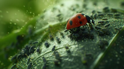 Sticker - A macro shot of a ladybug crawling on a leaf, surrounded by tiny aphids. This showcases the use of natural predators for pest control in sustainable farming, eliminating the need for harmful