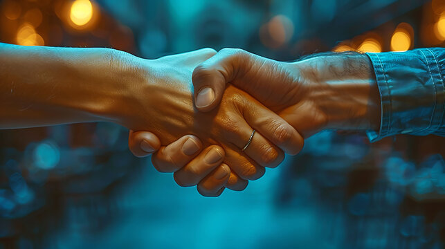Business partners action shake hands against a blue light backdrop featuring holotone printing and precisionist lines