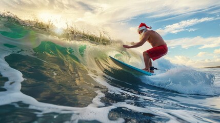 Santa Claus riding a big wave on a surfboard, wearing a Santa hat and red swim trunks, with the sun shining and ocean spray in the background, isolated white background, copy space