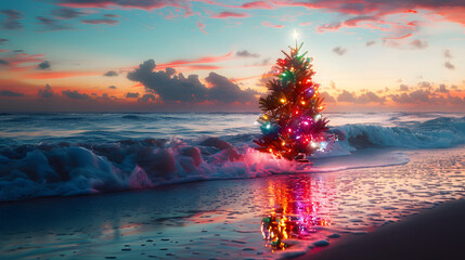 Christmas tree with colorful lights on the beach at night. Christmas concept. The background is a beautiful sea landscape with waves and sky at sunset 