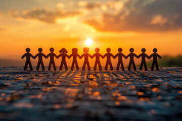 Poster - Silhouettes of paper cut-out people holding hands against a stunning sunset, symbolizing unity, teamwork, and community support.