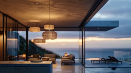 Wall Mural - Pendant lights hanging in modern luxury house with ocean view