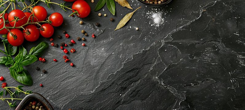 Black stone cooking background. Spices and vegetables. View from above. place for text. 