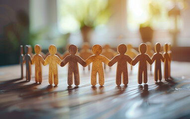Poster - Wooden figurines holding hands in a circle, symbolizing unity, teamwork, and community in a brightly lit environment with a blurred background.