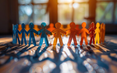 Poster - Colorful paper cutout figures holding hands in a circle, backlit by sunlight, casting shadows on the wooden floor, symbolizing unity and community.