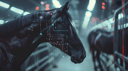 Wall Mural - Close up of a black horse in a sleek facility with bright LED panels and artificial intelligence systems. 