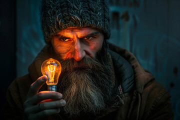 Wall Mural - Man wih a beard with a light bulb on the phone
