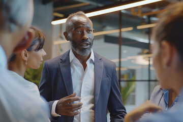 Wall Mural - Mature businessman leader mentor talking to diverse colleagues team listening to caucasian ceo. Multicultural professionals project managers group negotiating in boardroom at meeting. Vertical.
