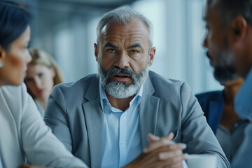 Wall Mural - Mature businessman leader mentor talking to diverse colleagues team listening to caucasian ceo. Multicultural professionals project managers group negotiating in boardroom at meeting. Vertical.