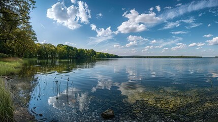 Wall Mural - A panoramic view of a calm lake disturbed only by the occasional fish jumping out of the water