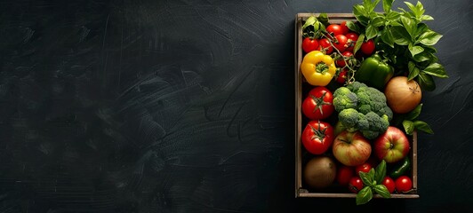 Wall Mural - Fresh vegetables and fruits in a wooden box on a black background. Organic food. View from above. space for copying. 