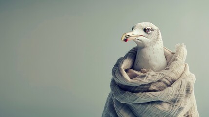 Wall Mural - a surreal of a seagull in a ragged blanket begging for food on a plain background with studio lighti