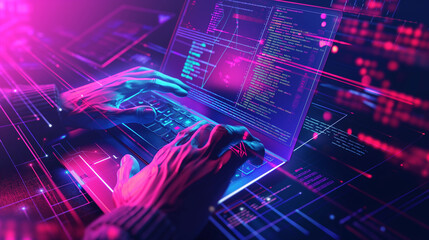 Close-up vector hand, blurred image on computer screen code programming technology coding text script on screen software development illustrations