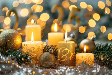 Wall Mural - A bunch of candles and ornaments on a table with the number 25 in the background