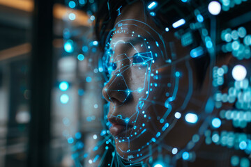 Poster - A man's face is projected onto a screen in a blue and white color scheme