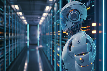 Poster - A robot stands in a large room with many other robots