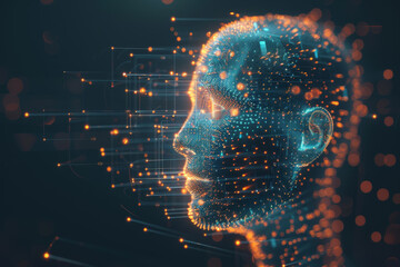 Poster - A computer generated face with a blue and orange glow