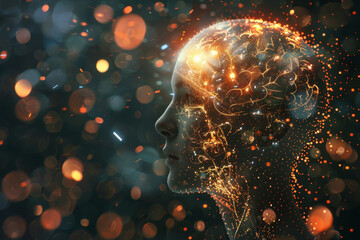 Poster - A head with a brain inside of it is surrounded by a lot of sparks