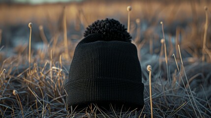 A black hat with a pom pom sits on a field of dried grass