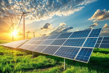 renewable energy farms with solar panels and wind turbines generating sustainable energy