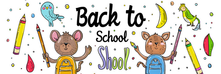 Wall Mural - Cute cartoon style colorful animals holding crayons and paintbrushes. background with the words Back to School 