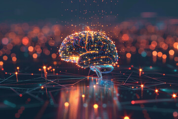 Fototapete - A brain made of lights and wires is displayed on a dark background