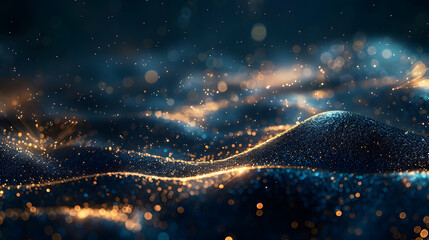 Dark blue and gold abstract background with glitter particles. bokeh light effects and wave shapes for a luxury concept design banner 