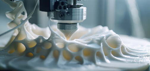Poster - A machine is creating a white object with a lot of holes in it