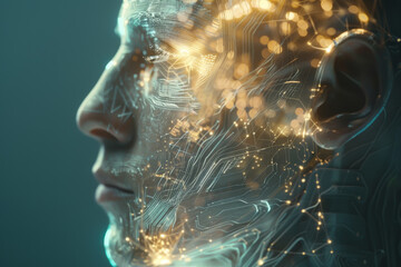 Poster - A man's face is shown with a lot of technology and circuitry