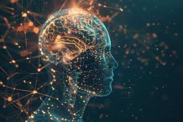 Poster - A brain is shown in a computer generated image with a lot of lines and dots