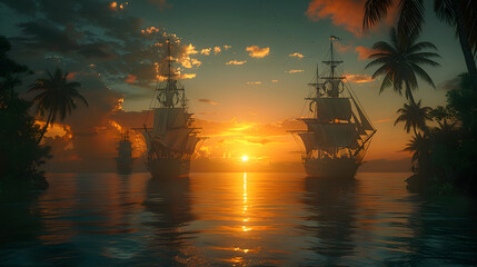 Pirate ship goes to sunset island