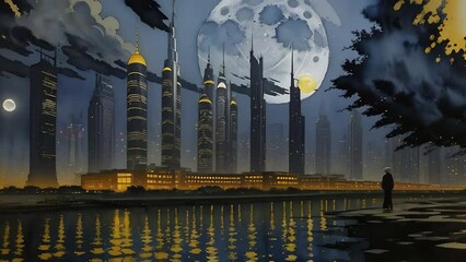 Wall Mural - Futuristic urban animation of cyberpunk cityscape with high skyscrapers, watercolor painting. Cityscape animation with illustrations transformations, music visualization. AI generated video