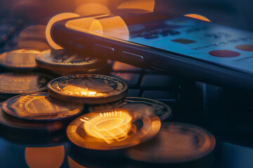 Poster - A phone is on top of a pile of coins
