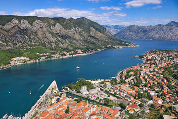 Canvas Print - Aerial view old Kotor town and Boka bay,Montenegro