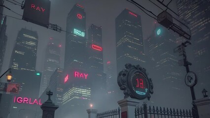 Wall Mural - Futuristic urban animation of cyberpunk cityscape with high skyscrapers. Steampunk cityscape animation in neon style with illustrations transformations, music visualization. AI generated video