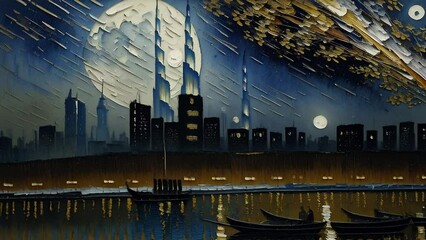 Wall Mural - Futuristic urban animation of cyberpunk cityscape with high skyscrapers, watercolor painting. Cityscape animation with illustrations transformations, music visualization. AI generated video