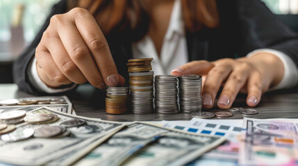 Poster - A woman is putting coins on top of each other