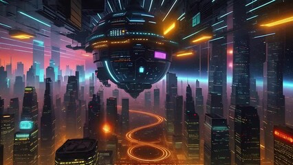 Wall Mural - Futuristic urban animation of cyberpunk cityscape with high skyscrapers. Steampunk cityscape animation in neon style with illustrations transformations, music visualization. AI generated video