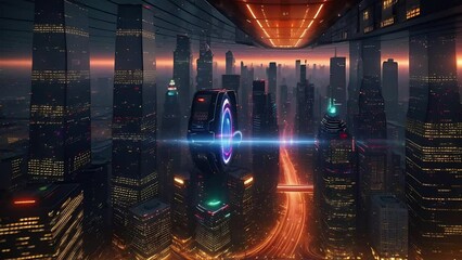 Wall Mural - Futuristic urban animation of cyberpunk cityscape with high skyscrapers. Steampunk cityscape animation in neon style with illustrations transformations, music visualization. AI generated video
