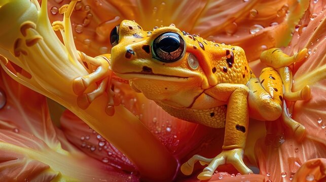 A curious yellow frog with dark spots, exploring the petals of an exotic tropical flower