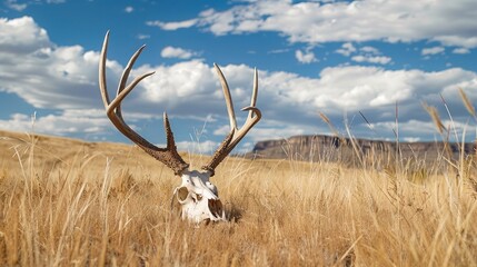 A deer skull and antlers lies in tall grass, Ghost Ranch, New Mexico