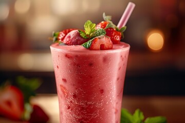 Wall Mural - Closeup of a Strawberry Smoothie With Mint in a Glass