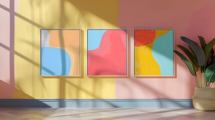 Canvas Print - Abstract Minimalist Art of Three Overlapping Frames on a Wall with Vibrant Color Palette and Freeform Shapes