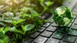 © Sirichat. Camphol - Technology with nature concept Laptop keyboard with a green globe on it Efficient carbon technology digital sustainability Eco-friendly technology for sustainable development goals