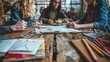 © zainab - Four friends gather around a rustic wooden table, sharing ideas and thoughts, enjoying each others company on a sunny afternoon. Friendship Day