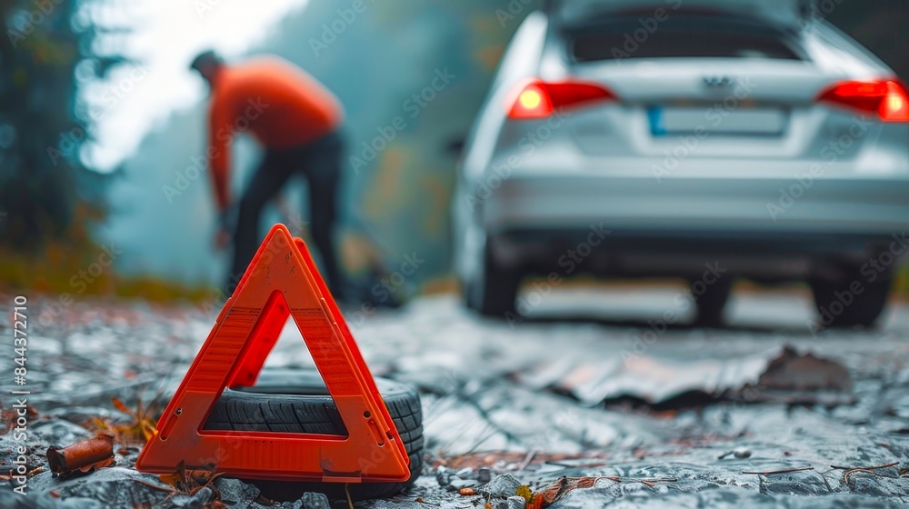Roadside assistance with warning triangle and blurry background showing ...