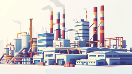 Illustration. Vector energy production plant with thermal chimney releasing clouds of smoke and steam into the air. Electricity generation. Industrial production.