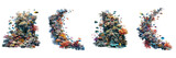 Set of a dynamic coral reef border, showing movement and interaction among fish and corals, isolated in a clear on transparent background 