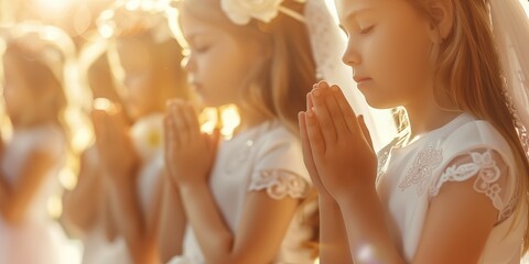 Wall Mural - Small girls in white dresses in church praying on their First Holy Communion. Banner with copyspace. Shallow depth of field.