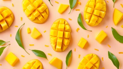Bright and vibrant sliced and cubed mangoes spread out against a pink background. The arrangement is neat and artistic, conveying freshness and summer vibes. 